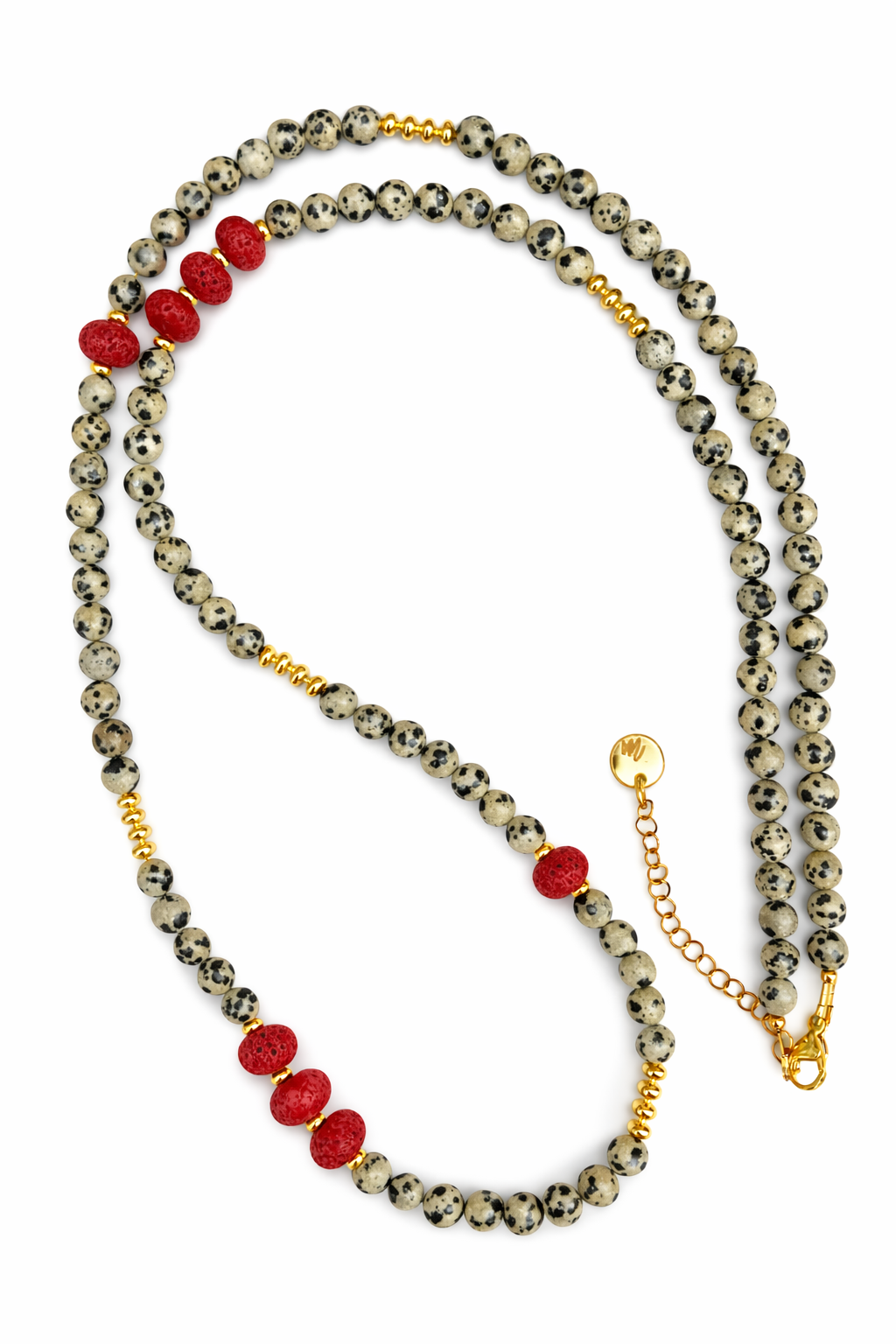 Dalmatian Jasper & Coral Long Necklace