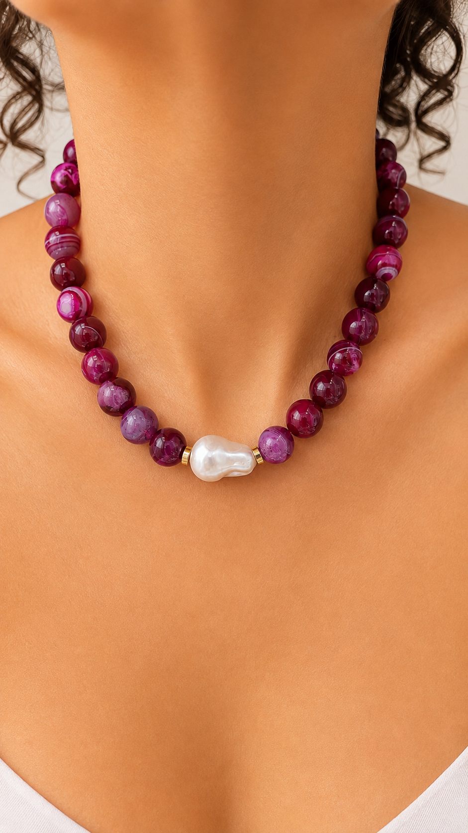 Agate and Pear Necklace - Rasberry