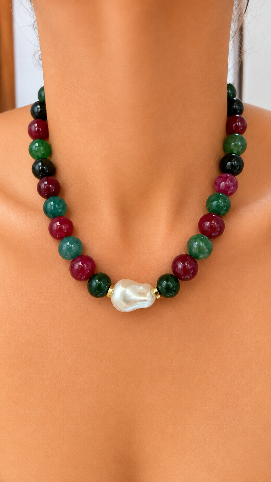 Agate and Pearl Necklace - Cranberry