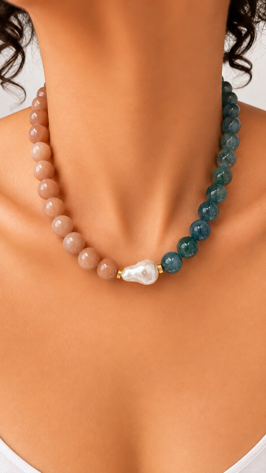 Agate-Jade and Pearl Necklace