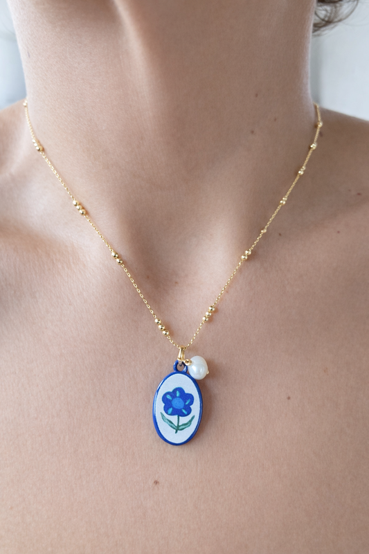 Vintage Blue Flower Chain Necklace