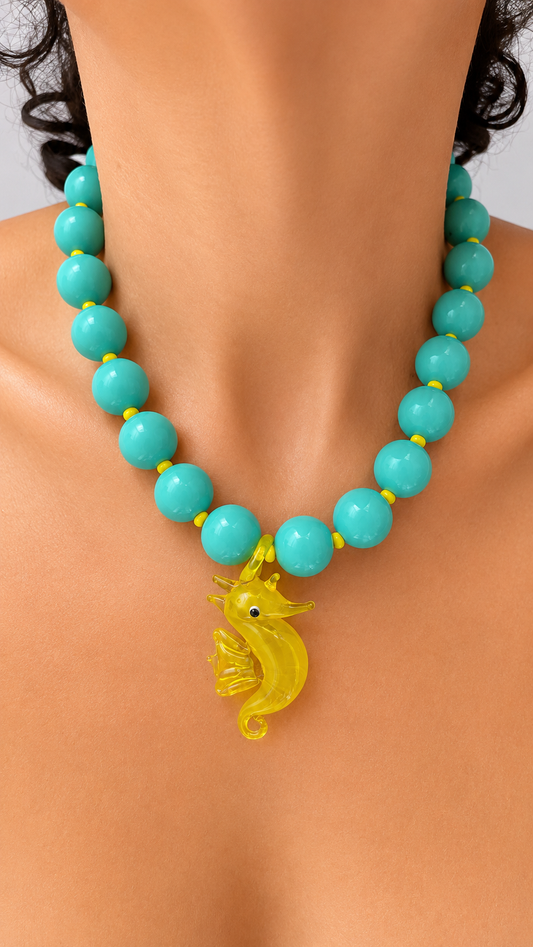 Turquoise Gum Ball & Seahorse Necklace
