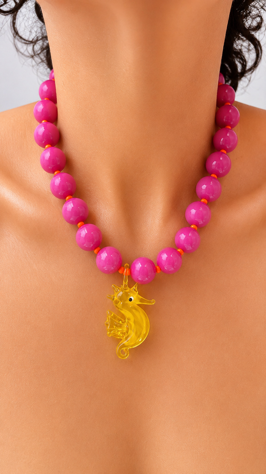 Pink Gum Ball & Seahorse Necklace