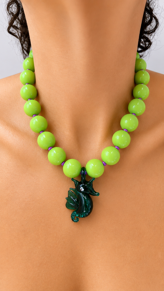 Green Gum Ball and Seahorse Necklace