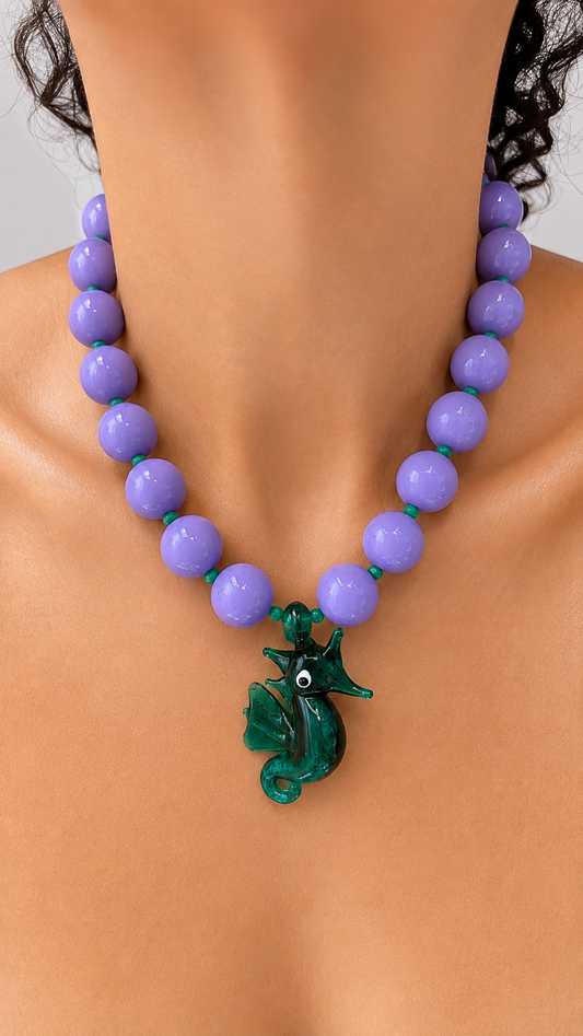 Lavender Gum Ball & Seahorse Necklace