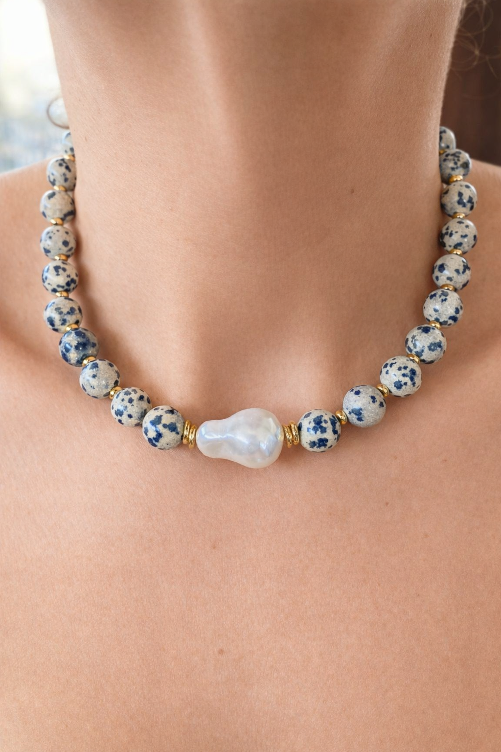 Dalmatian Jasper Pearl Necklace