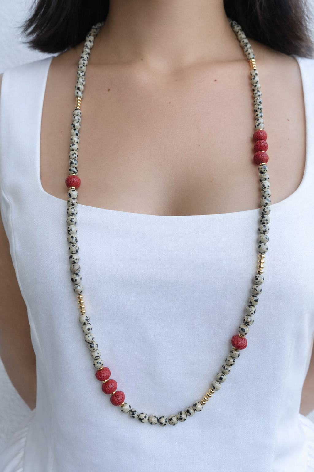Dalmatian Jasper & Coral Long Necklace